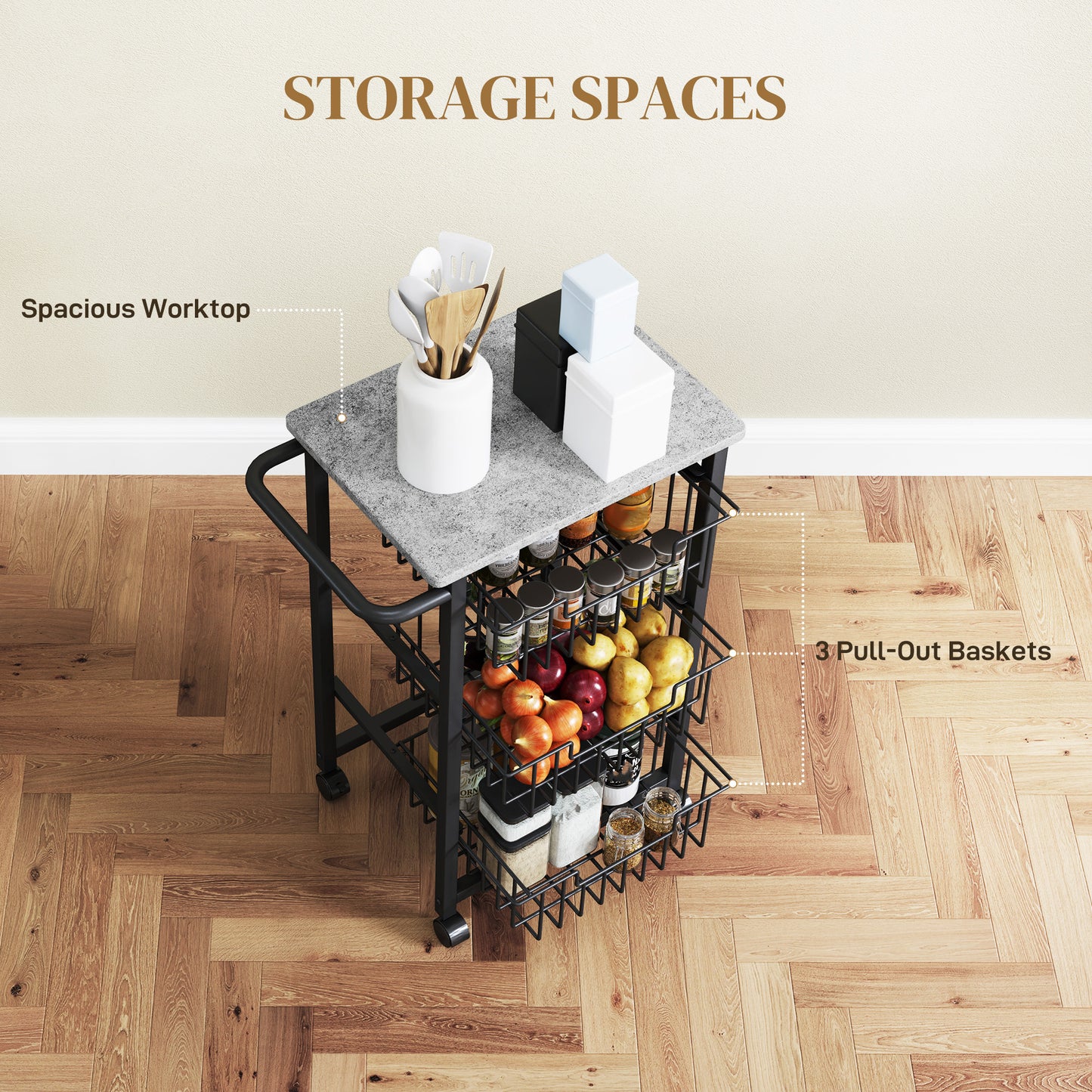 Firo Metal Grey And Black 3 Basket Mobile Kitchen Trolley With Locking Wheels