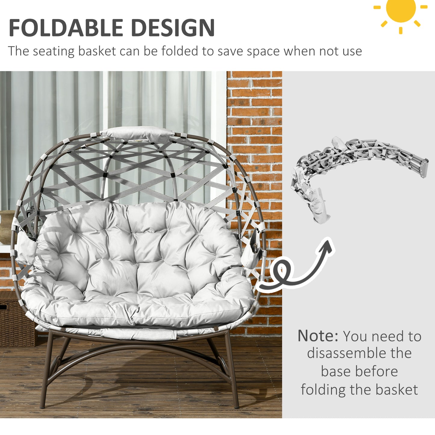 Ninamo Woven Rattan Light Grey 2 Seater Folding Egg Chair With Cushions And Cup Holders