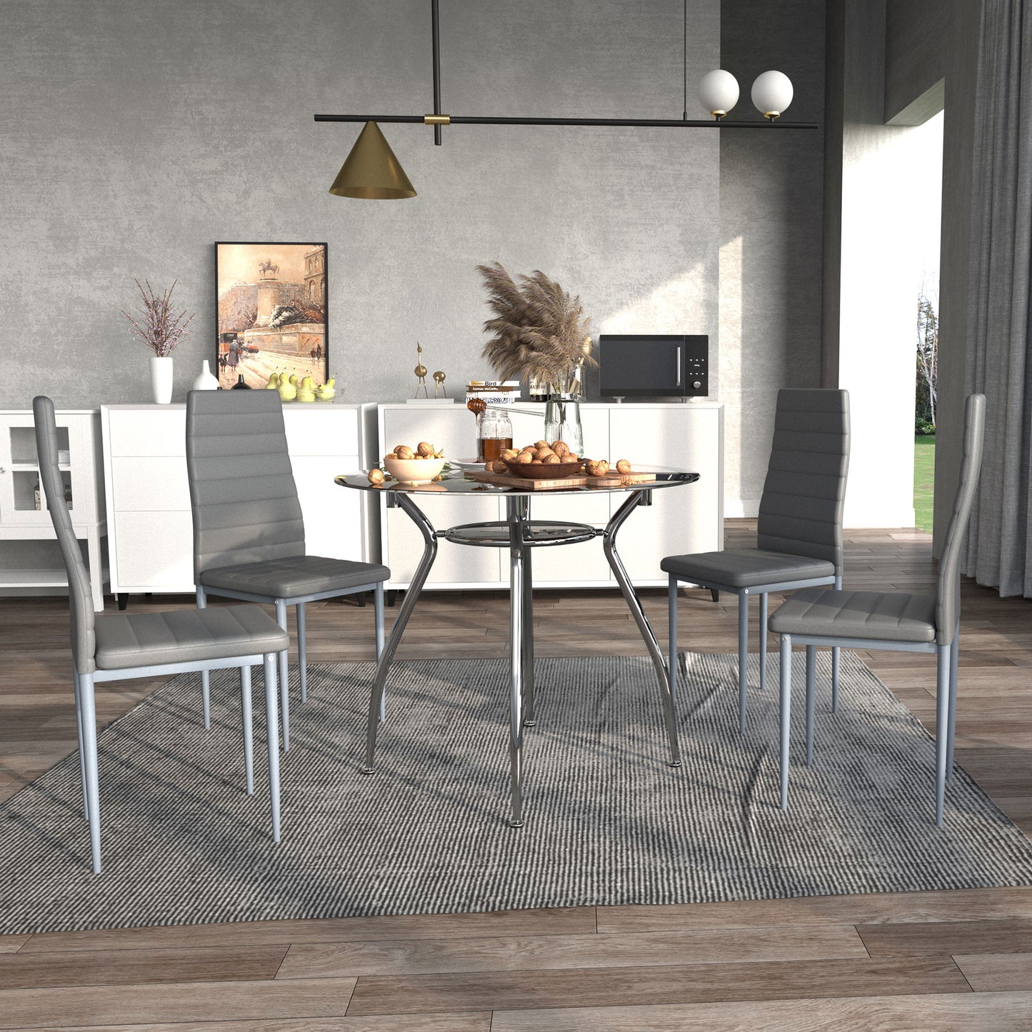 Dinika Metal And Glass Grey 5 Piece Dining Table Set With Padded Chairs