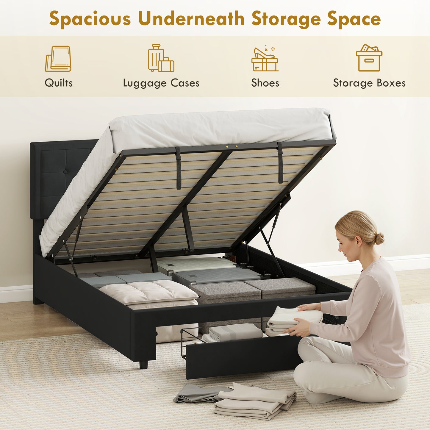 Mora 4FT6 Double Ottoman Bed Frame with Front Divan Drawer Storage Black
