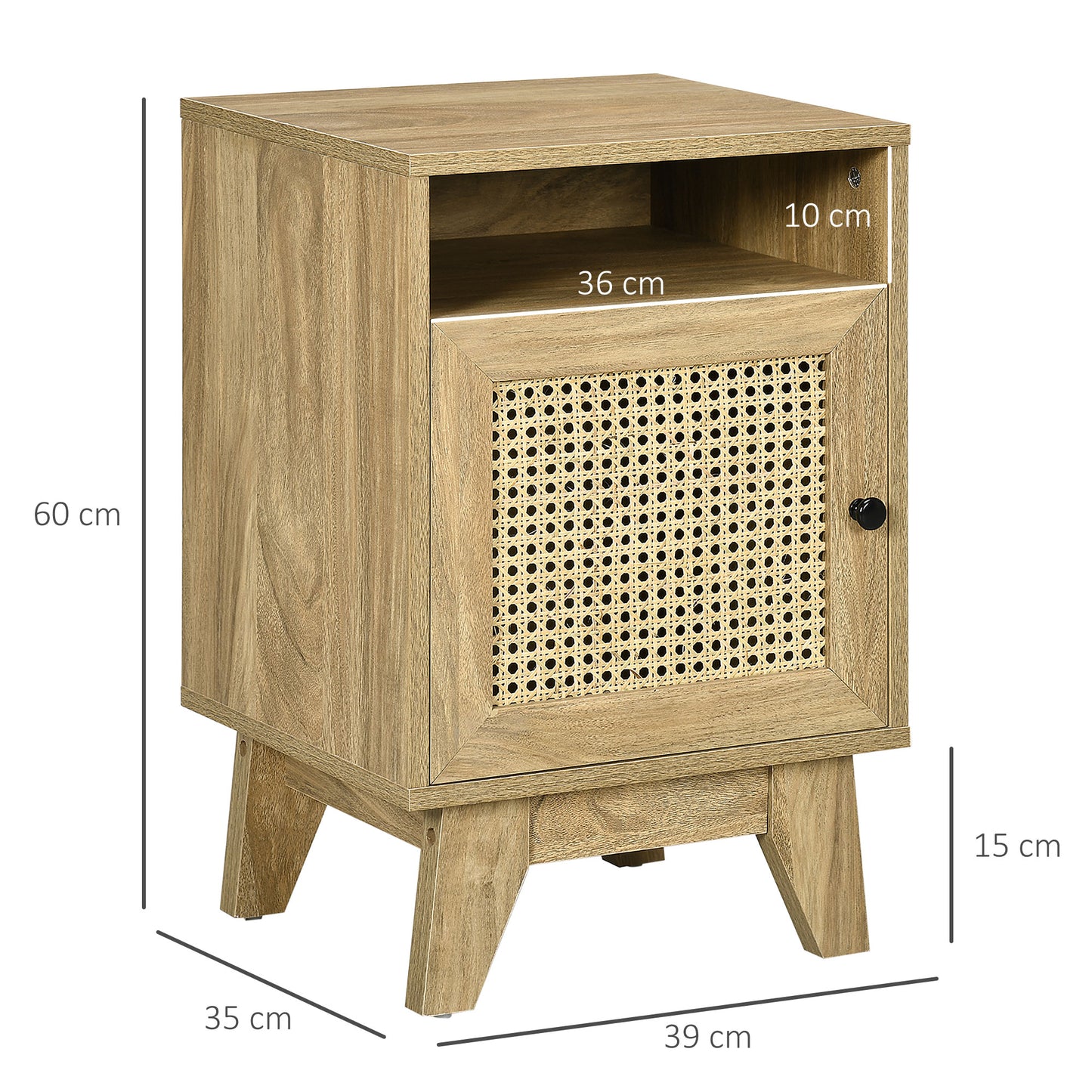 Hazi Wooden Set Of 2 Natural Wood and Rattan Bedside Tables With Shelf And Drawer