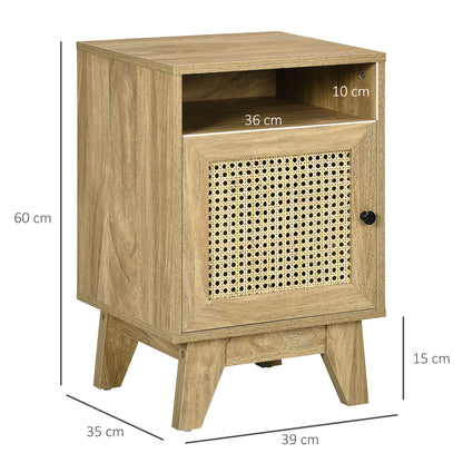 Hazi Wooden Set Of 2 Natural Wood and Rattan Bedside Tables With Shelf And Drawer