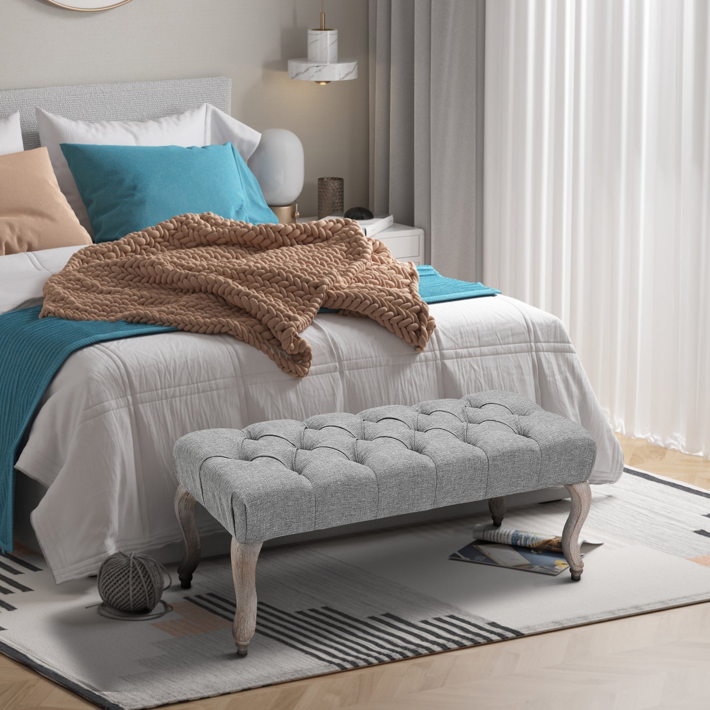 Kene Grey Upholstered Tufted Accent Bench White Washed Wooden Legs
