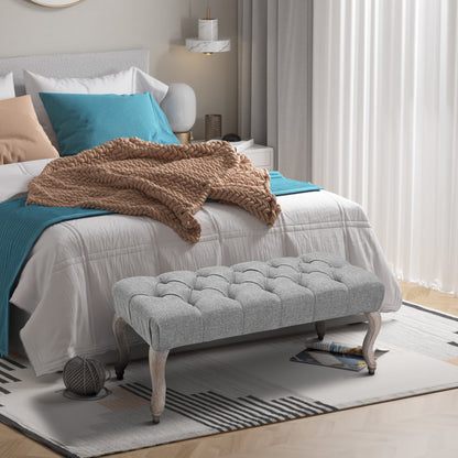 Kene Grey Upholstered Tufted Accent Bench White Washed Wooden Legs