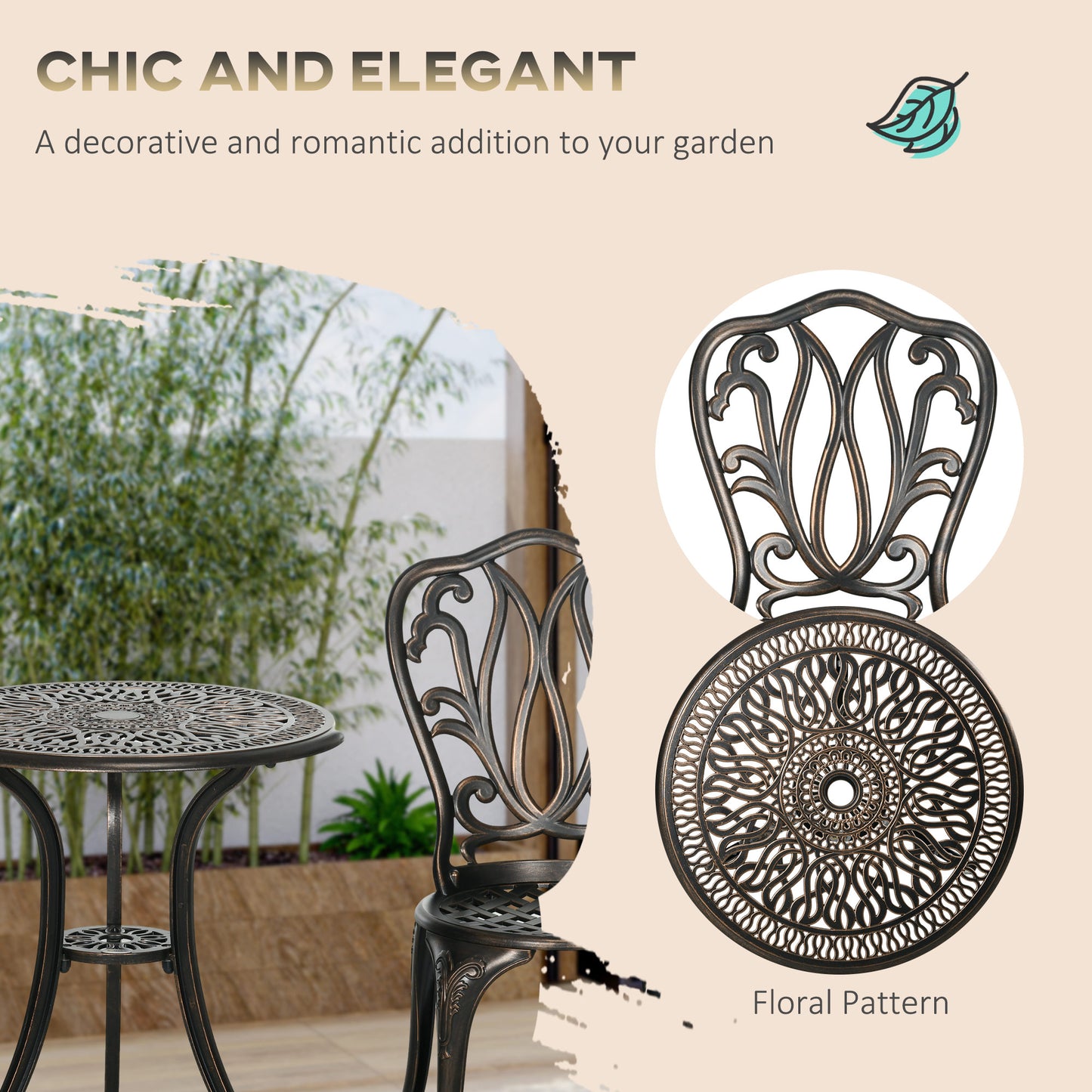 Niso Aluminium Bronze Tone 3 Piece Garden Bistro Set With Umbrella Hole Table And Chairs