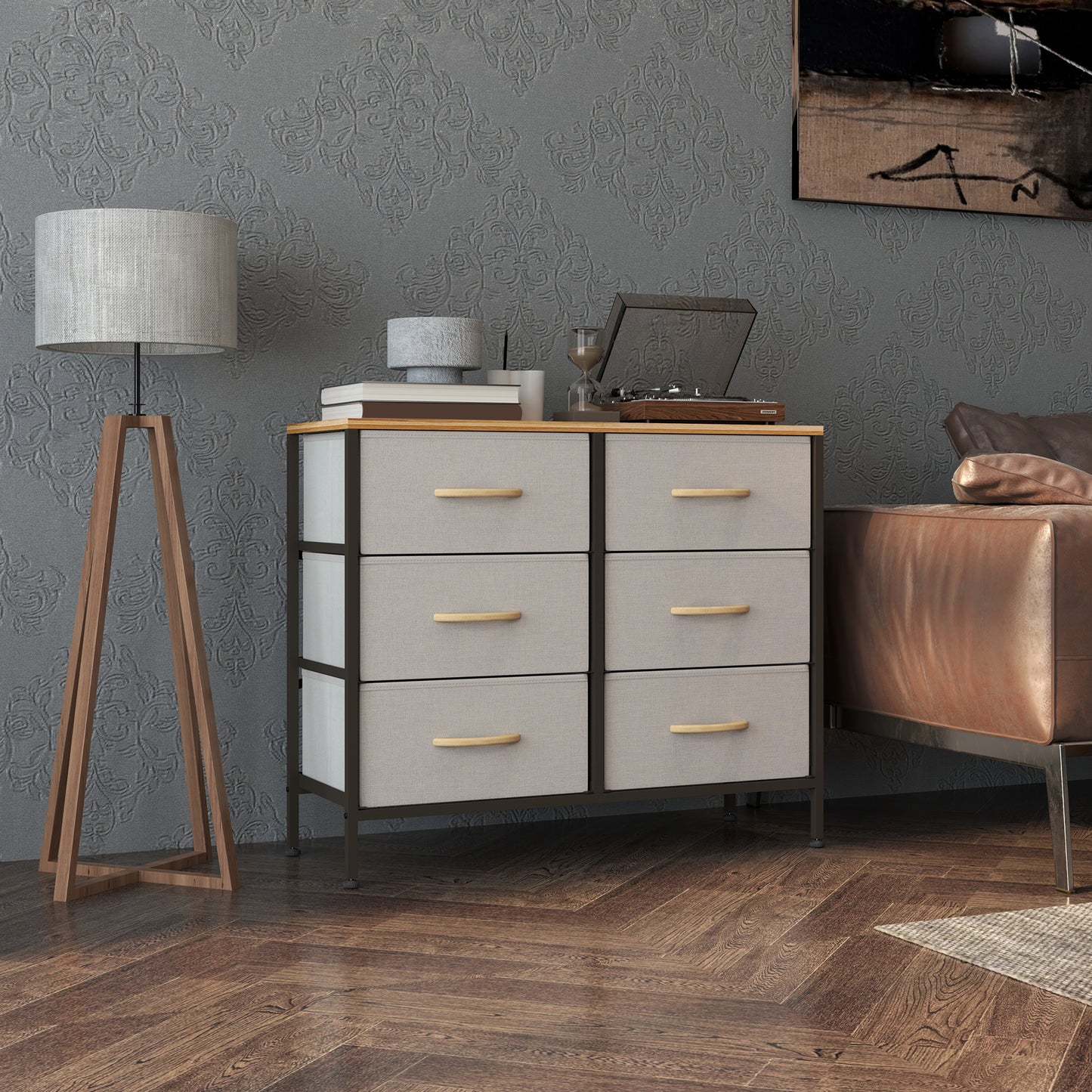 Nali Metal And Fabric Cream White 6 Drawer Industrial Storage Dresser With Steel Frame