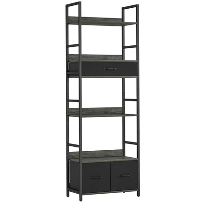 Laro Metal And Wood Grey And Black Industrial Bookcase With 4 Shelves And Fabric Drawers