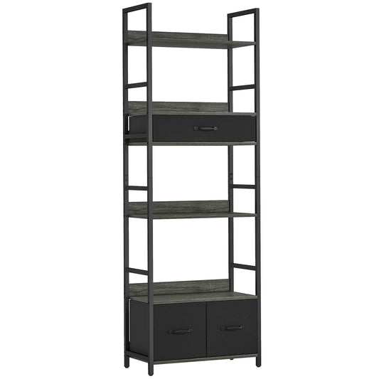 Laro Metal And Wood Grey And Black Industrial Bookcase With 4 Shelves And Fabric Drawers