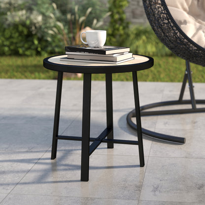 Moreve Black and Natural Wood Effect Round Outdoor Side Table With Steel Frame
