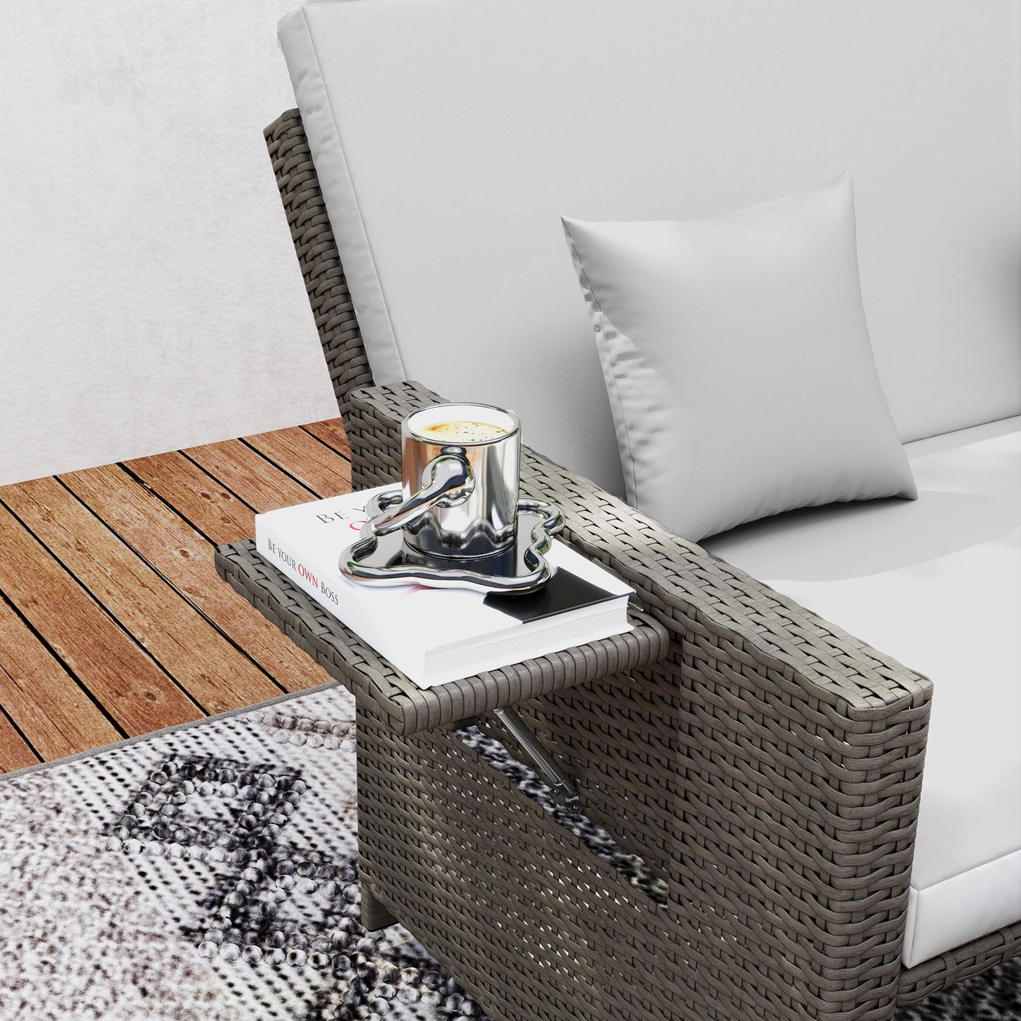 Taelre Rattan Light Grey Outdoor Daybed With Matching Footstool White Cushions