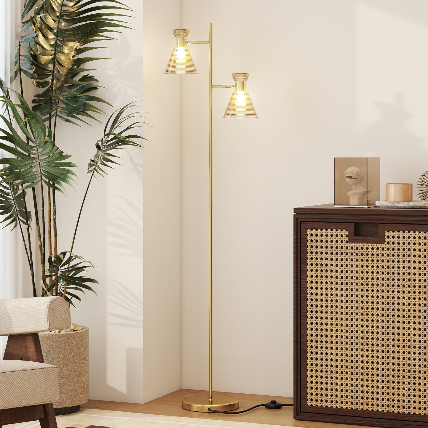 Luno Metal Gold Tone Dual Head Floor Lamp With Ribbed Glass Shades And Foot Switch