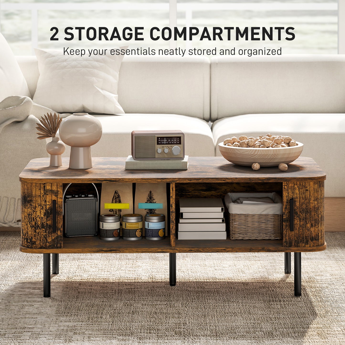 Ninoma Wooden Rustic Brown Rectangular Coffee Table With Tambour Doors