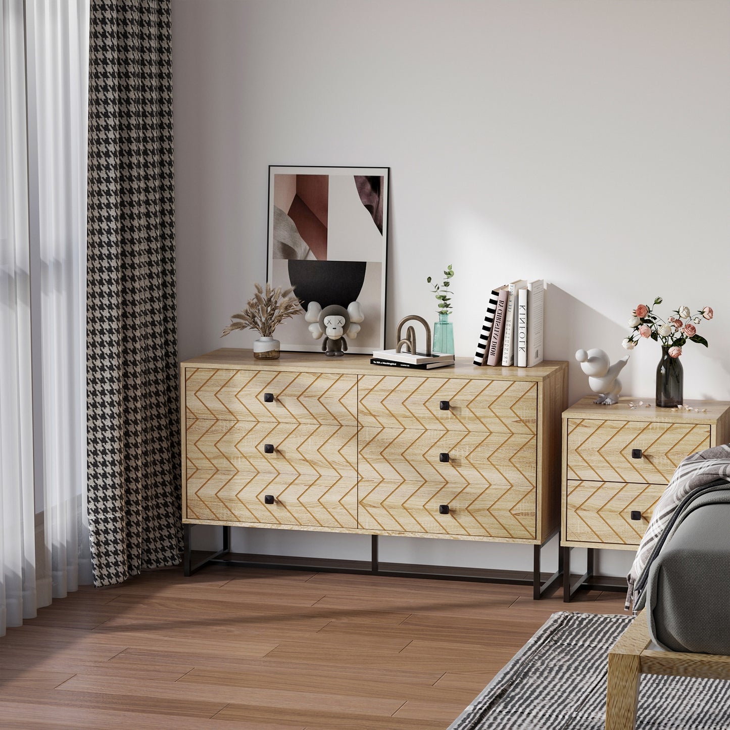 Niel Wooden Natural Chevron 6 Drawer Chest With Zigzag Black Metal Legs