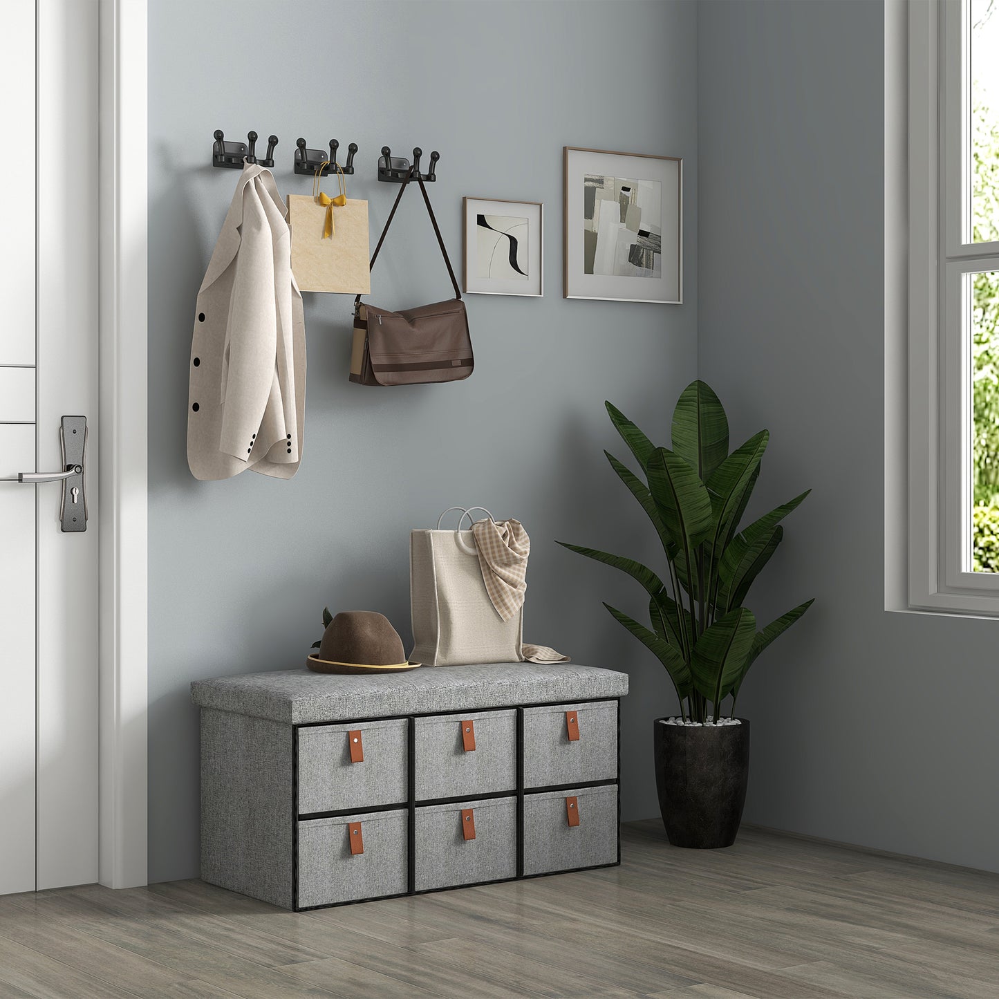 Taelha Light Grey Fabric Shoe Bench With Cushioned Seat And 6 Fabric Drawers