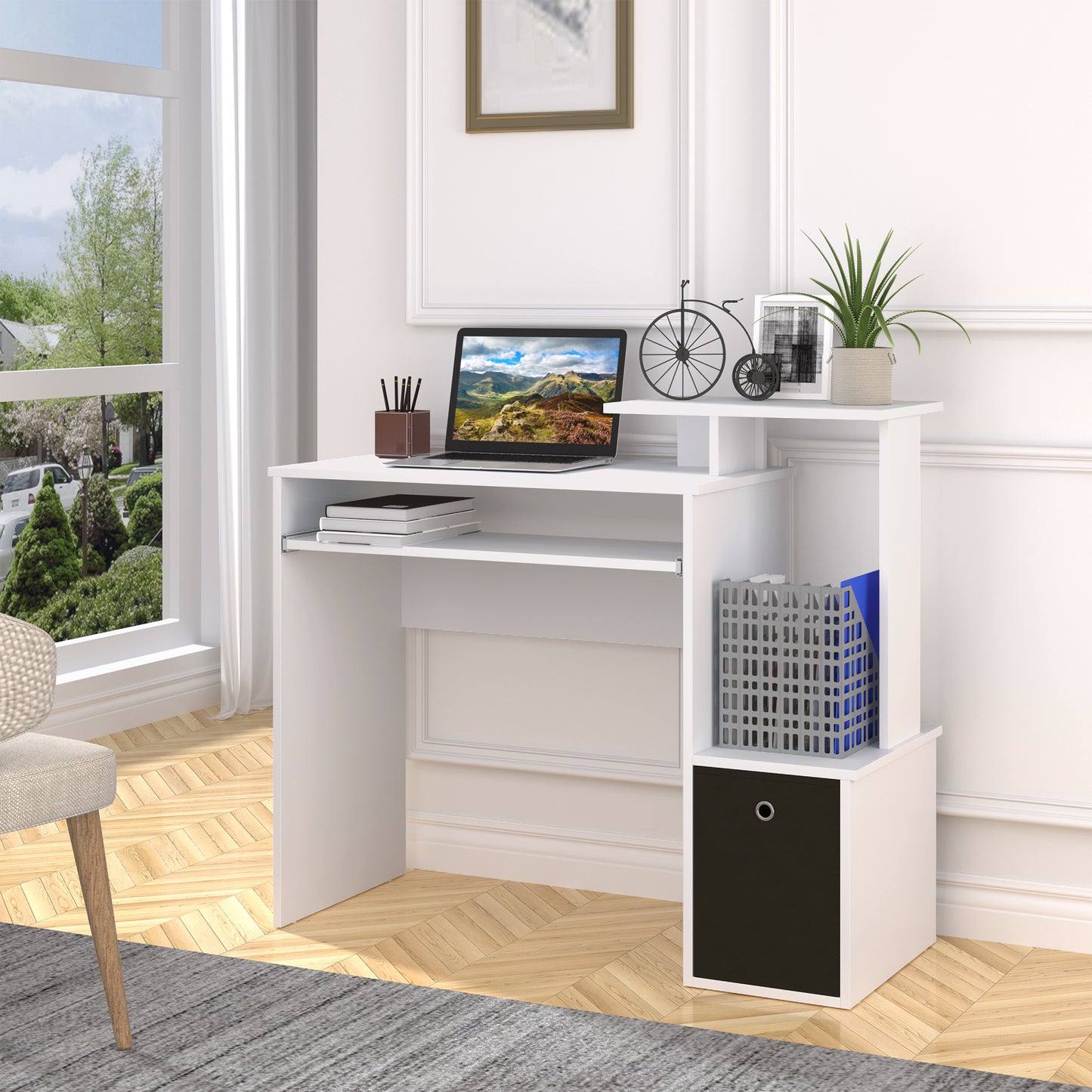 Tono 100cm Wooden White Home Office Desk With Sliding Keyboard Tray Drawer And Shelving