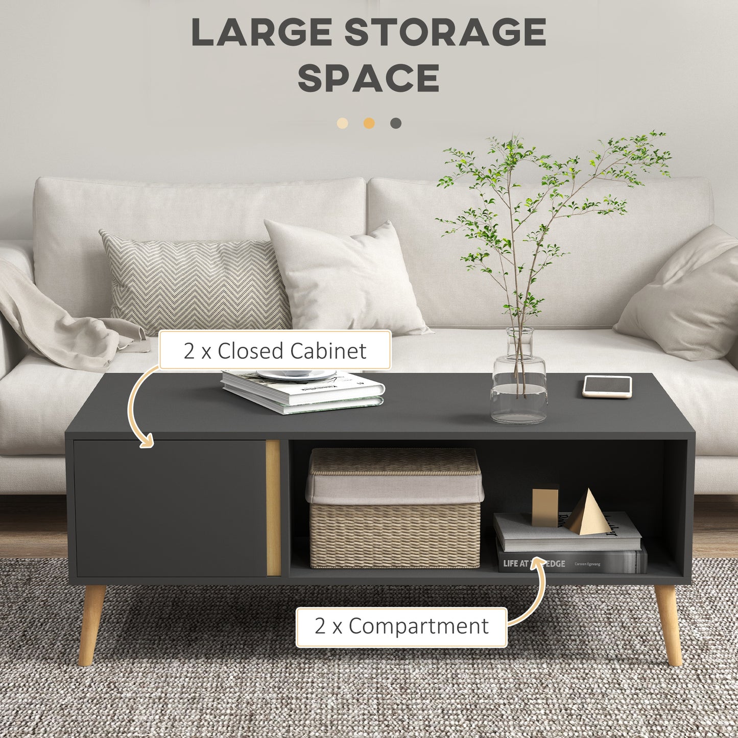 Panedi Wooden Grey Rectangular Coffee Table With Storage Compartments And Cabinets