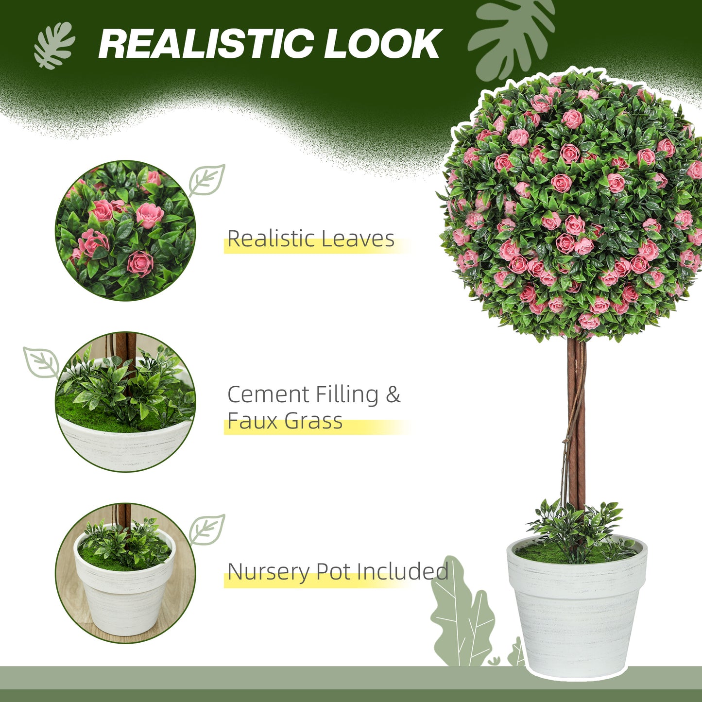 Roviyo Set Of 2 Artificial Rose Flower Topiary Ball Trees In Pots H8 60cm Pink