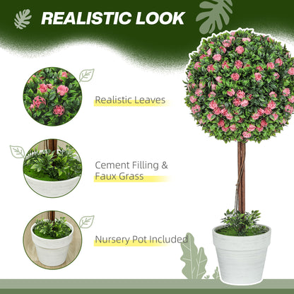Roviyo Set Of 2 Artificial Rose Flower Topiary Ball Trees In Pots H8 60cm Pink