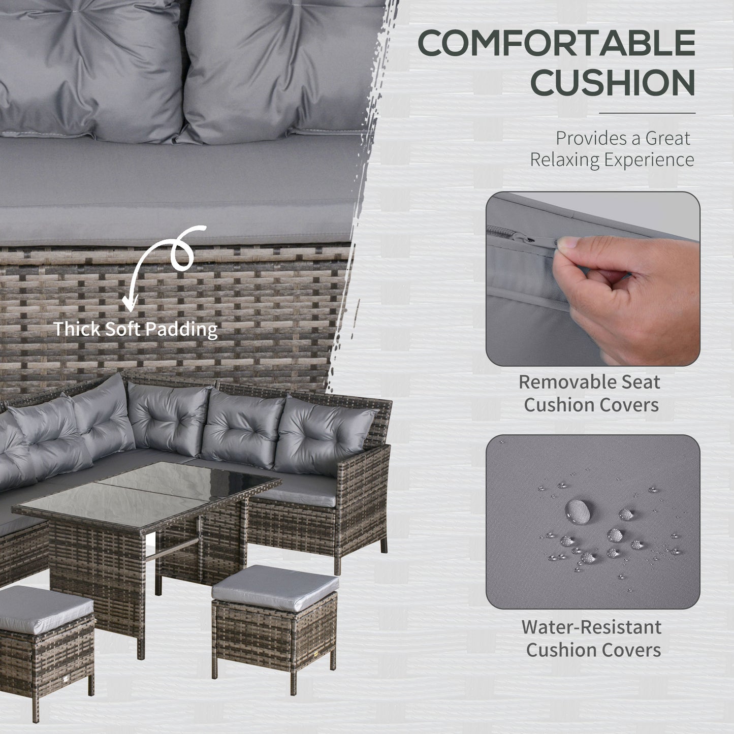 Dili Rattan Grey 8 Seater Outdoor Sofa Set With Cushions And Table