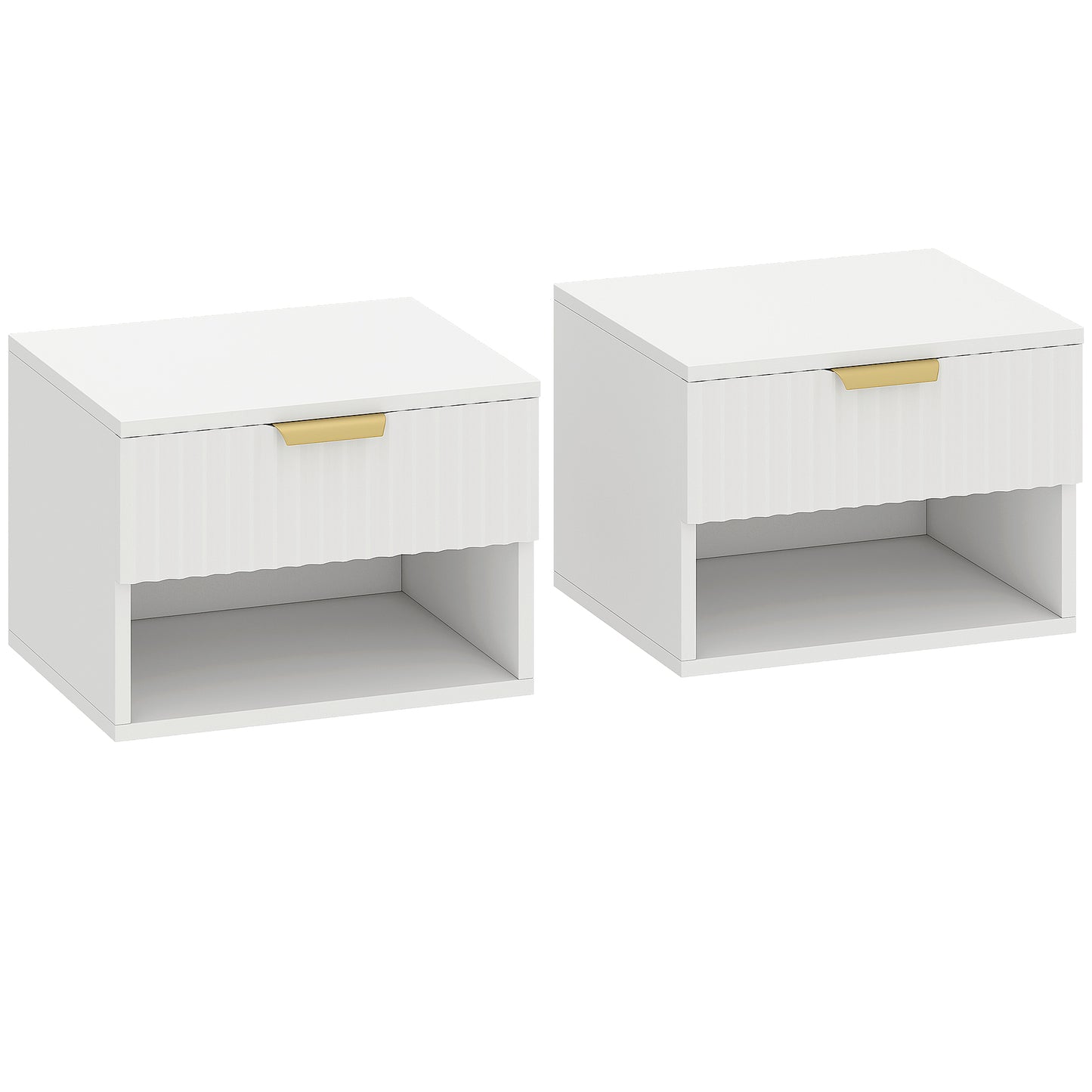 Ludi Set Of 2 Wooden White Wall Mounted Bedside Tables With Fluted Drawer And Shelf