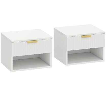 Ludi Set Of 2 Wooden White Wall Mounted Bedside Tables With Fluted Drawer And Shelf