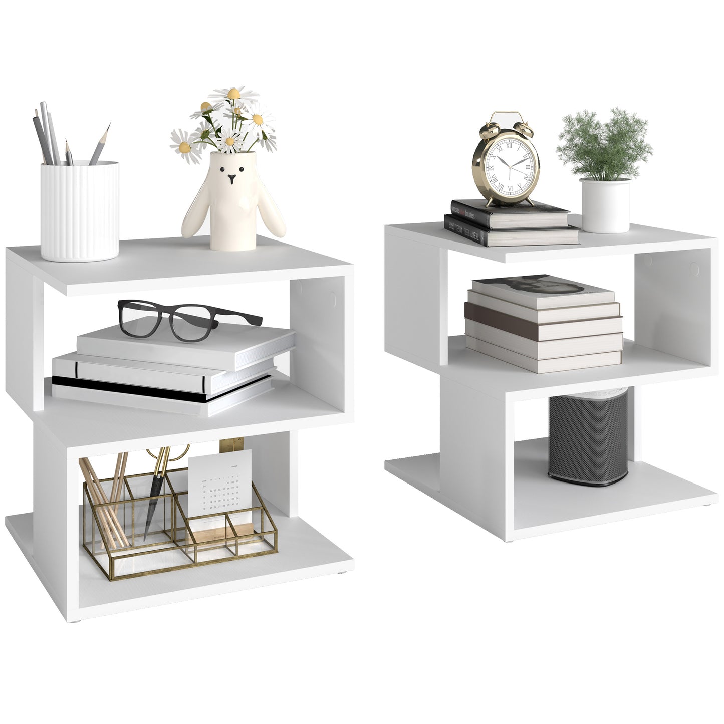 Luvila Set Of 2 Wooden White Square Side Tables With 2 Tier Storage