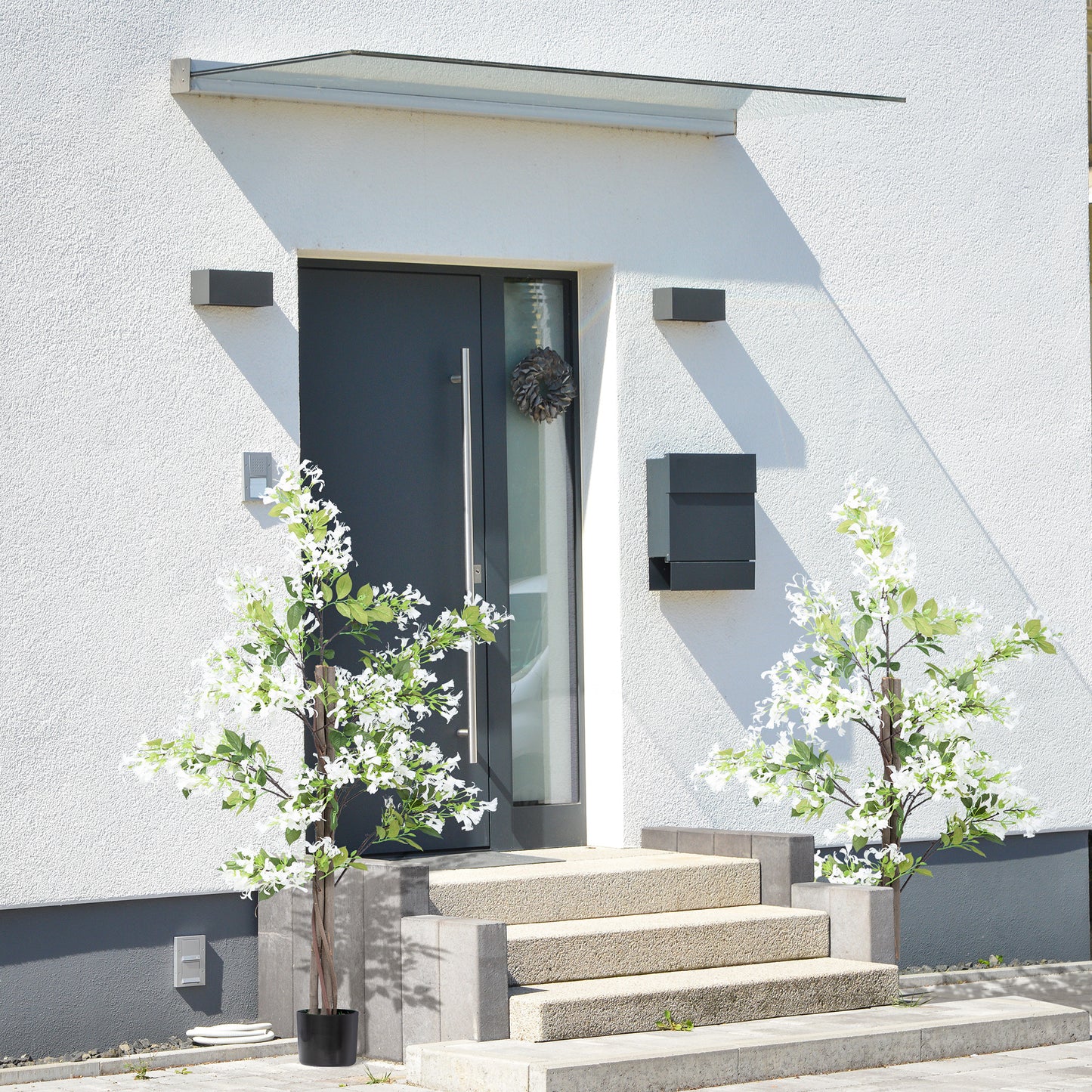 Laniha Set Of 2 Artificial Honeysuckle Flower Plants With Curved Stems In White Pots