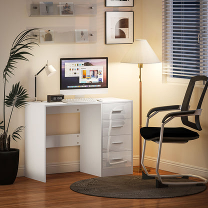 Reka 98cm High Gloss White Desk 4 Drawers For Home Office