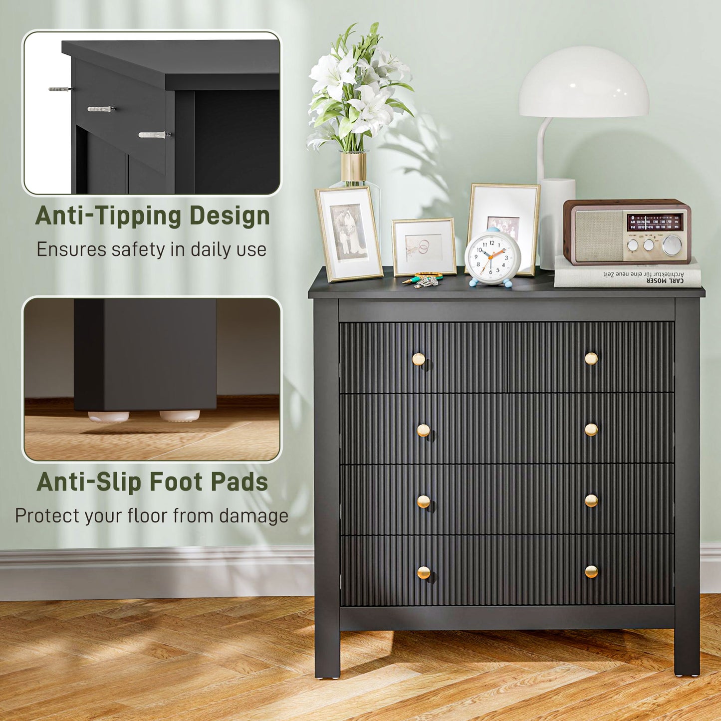 Dineta Wooden Black Elegant 5 Drawer Chest Of Drawers