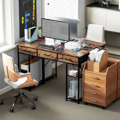 Hariva 120cm Wooden Rustic Brown Home Office Desk With Power Sockets 3 Fabric Drawers And 4 Storage Shelves