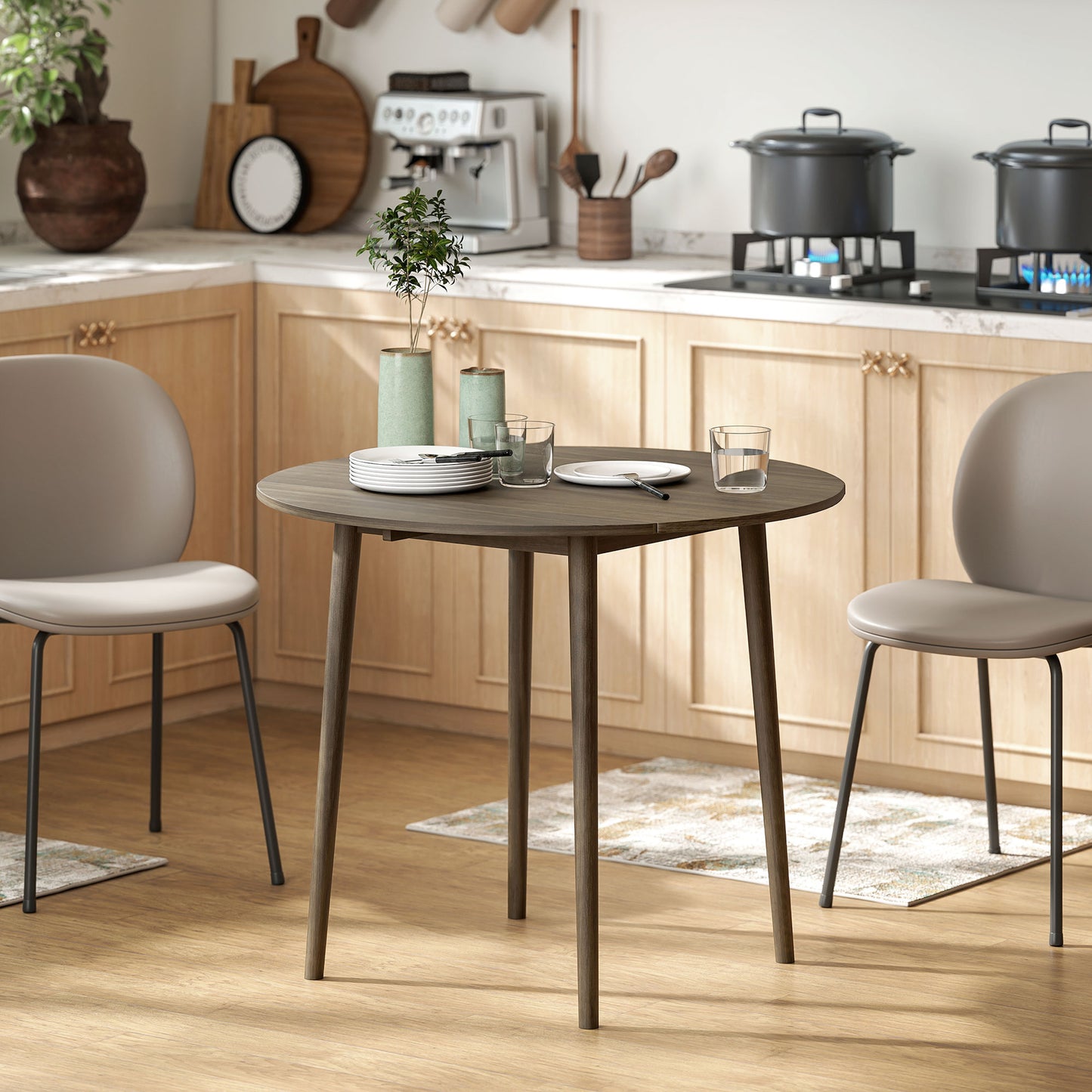 Harapa Solid Wood Grey Round Folding Dining Table Seating 4 With TaFauxred Legs