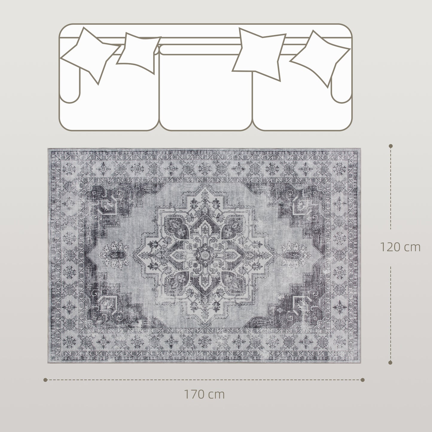 Linimi  170 x 120cm Polyester Grey Vintage Style Non Slip Washable Rug