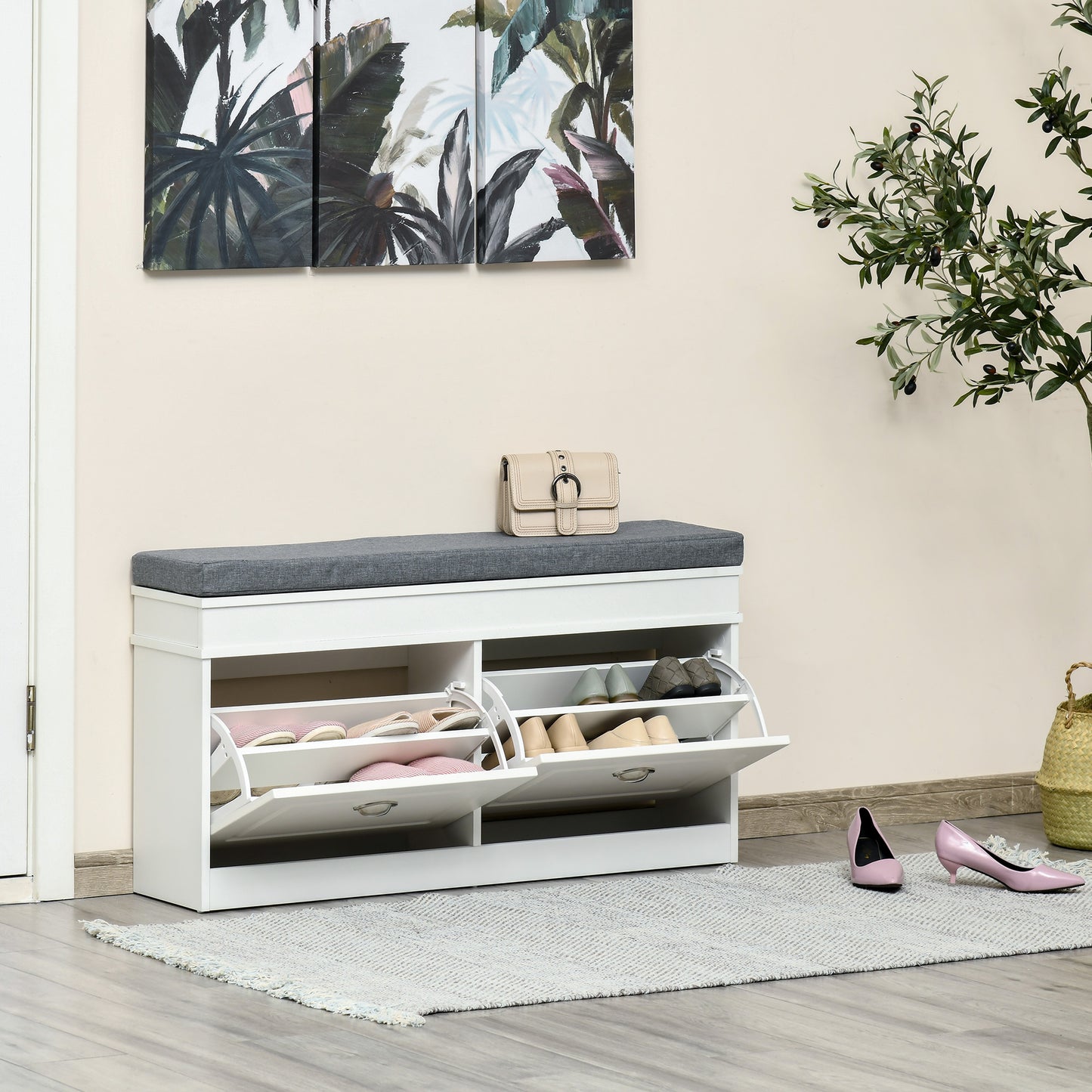 Nedola Wooden White Shoe Storage Bench With Cushioned Seat 2 Flip Drawers