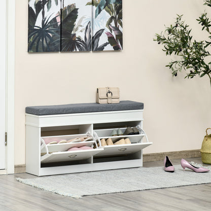 Nedola Wooden White Shoe Storage Bench With Cushioned Seat 2 Flip Drawers