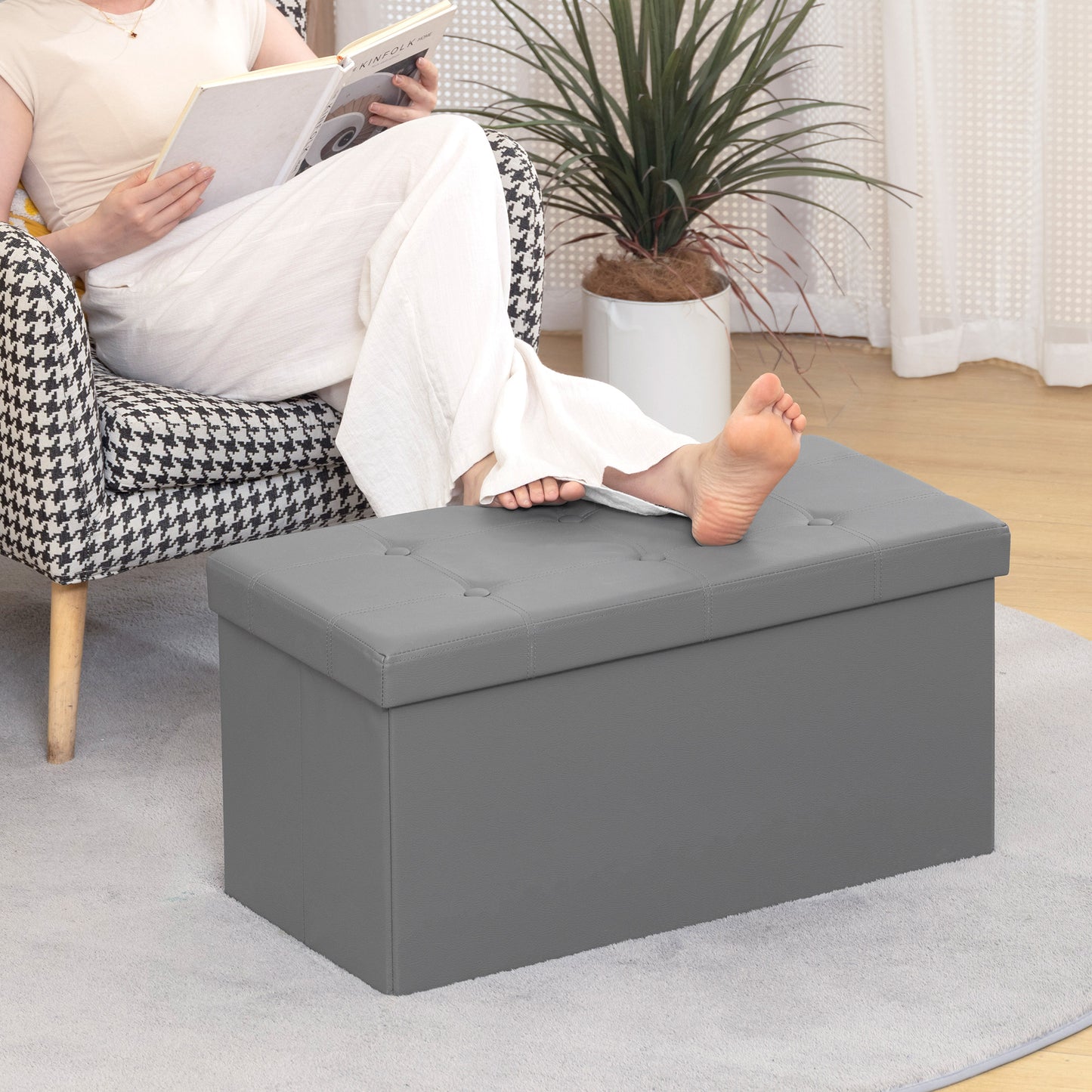 Nevi Faux Leather Grey Folding Storage Ottoman Bench 89 Litre