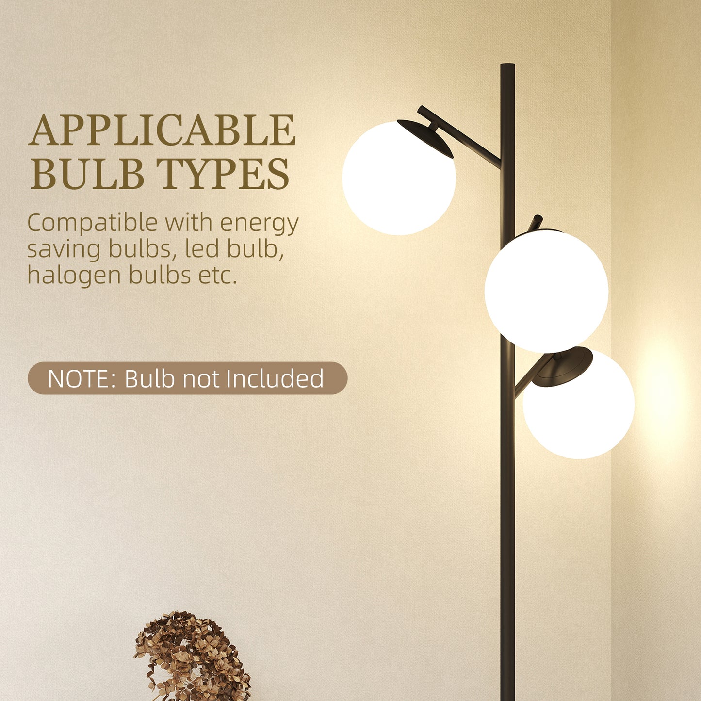 Dorizi Metal Black 3 Light Tree Floor Lamp With Globe Shades And Steel Base
