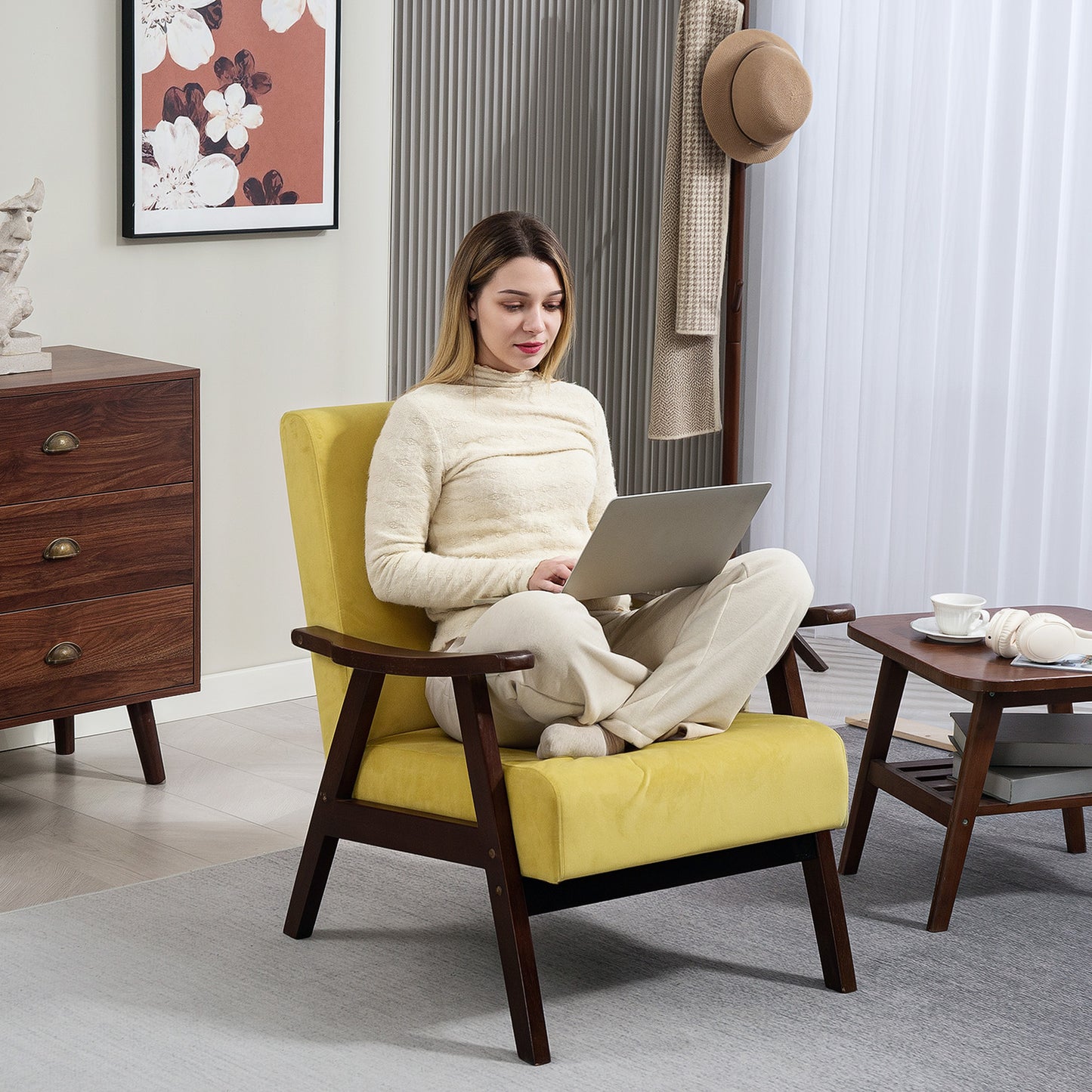 Surano Velvet Champagne Nordic Accent Armchair With Solid Wood Frame And Deep Padding