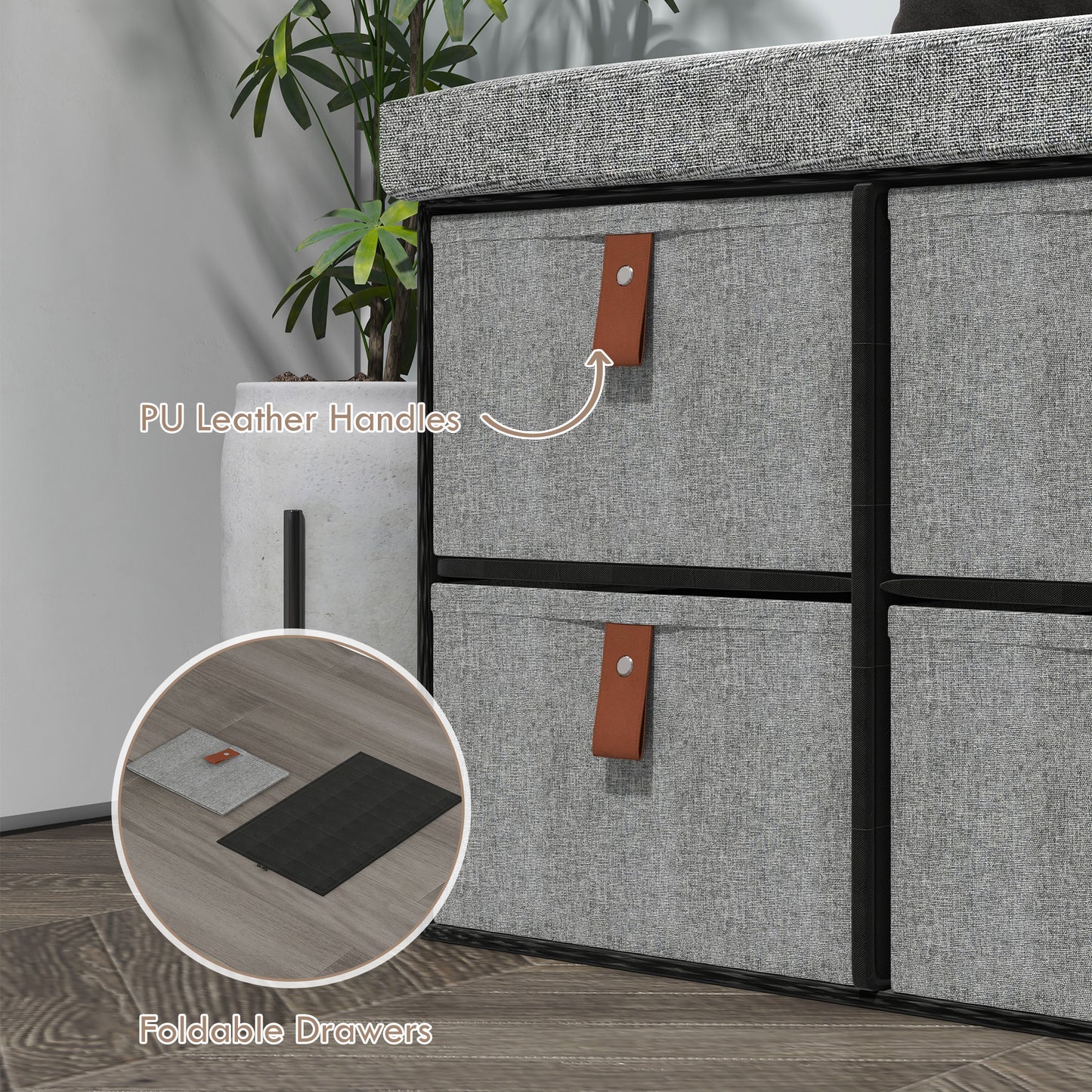 Taelha Light Grey Fabric Shoe Bench With Cushioned Seat And 6 Fabric Drawers