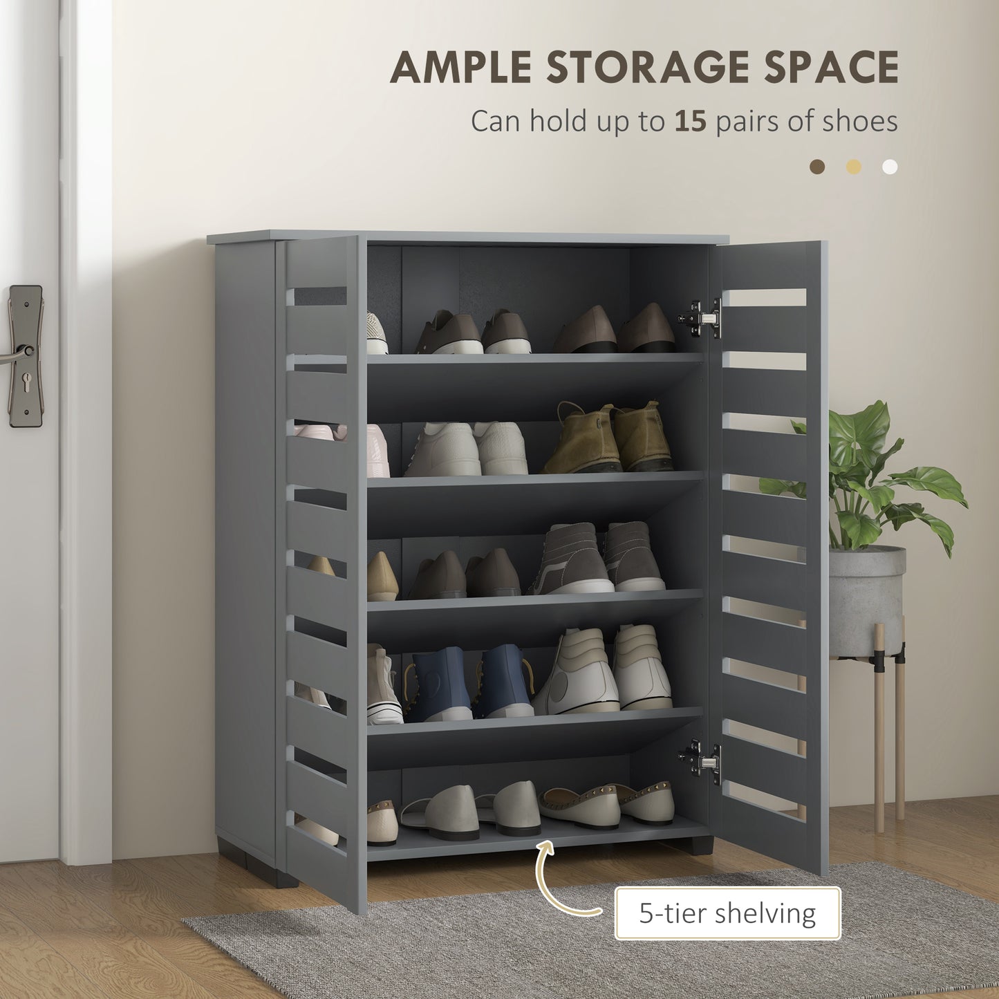 Zifa Wooden Grey Slim Shoe Cabinet With 5 Tier Storage And Slatted Doors