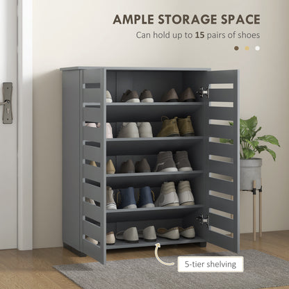 Zifa Wooden Grey Slim Shoe Cabinet With 5 Tier Storage And Slatted Doors