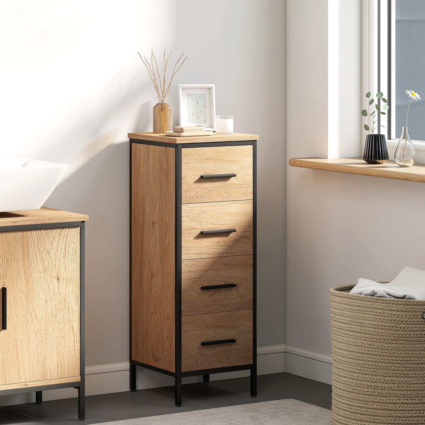 Nita Narrow Bathroom Storage Cabinet With 4 Drawers Oak Finish