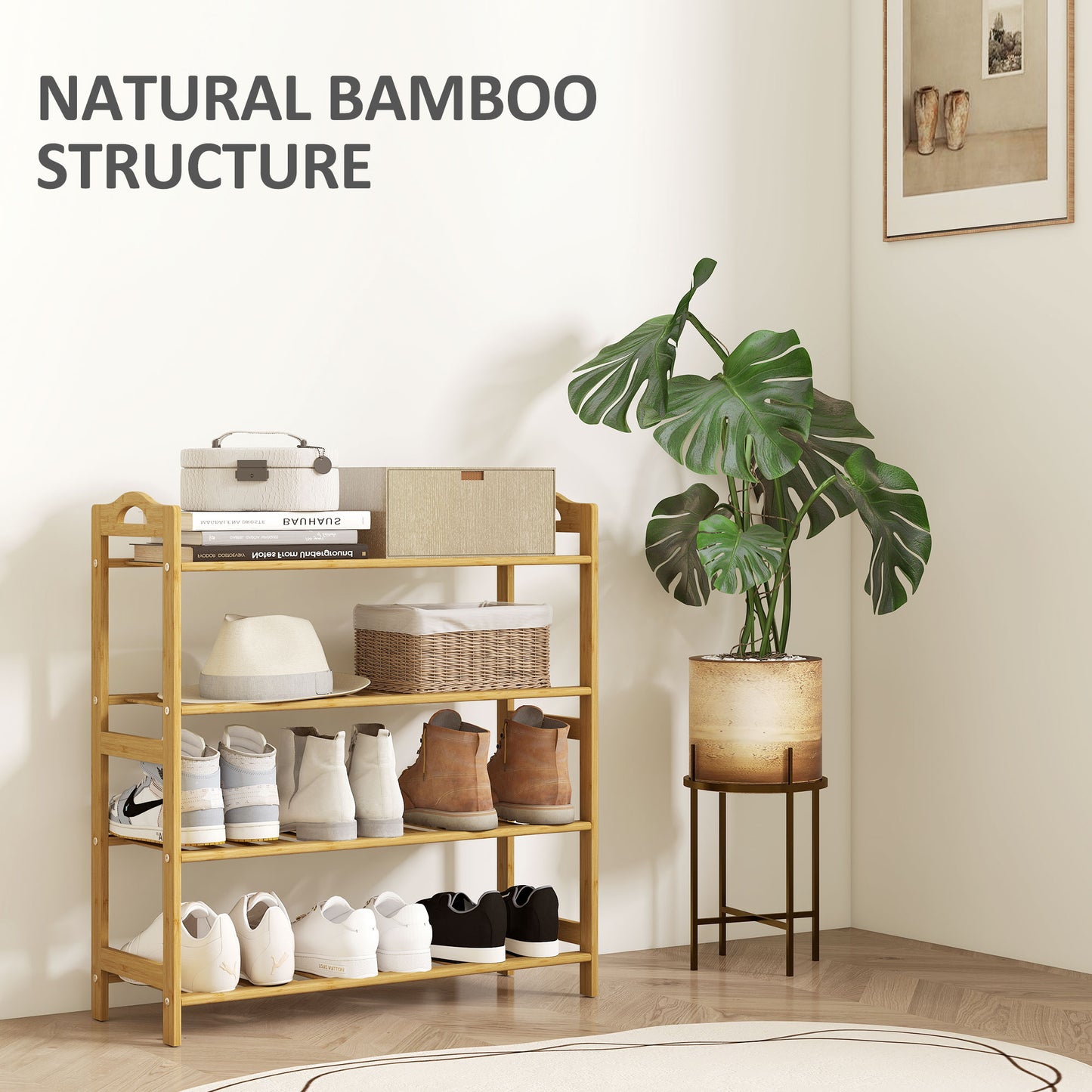Dicove Bamboo Natural 4 Tier Freestanding Shoe Rack Slatted Shelves