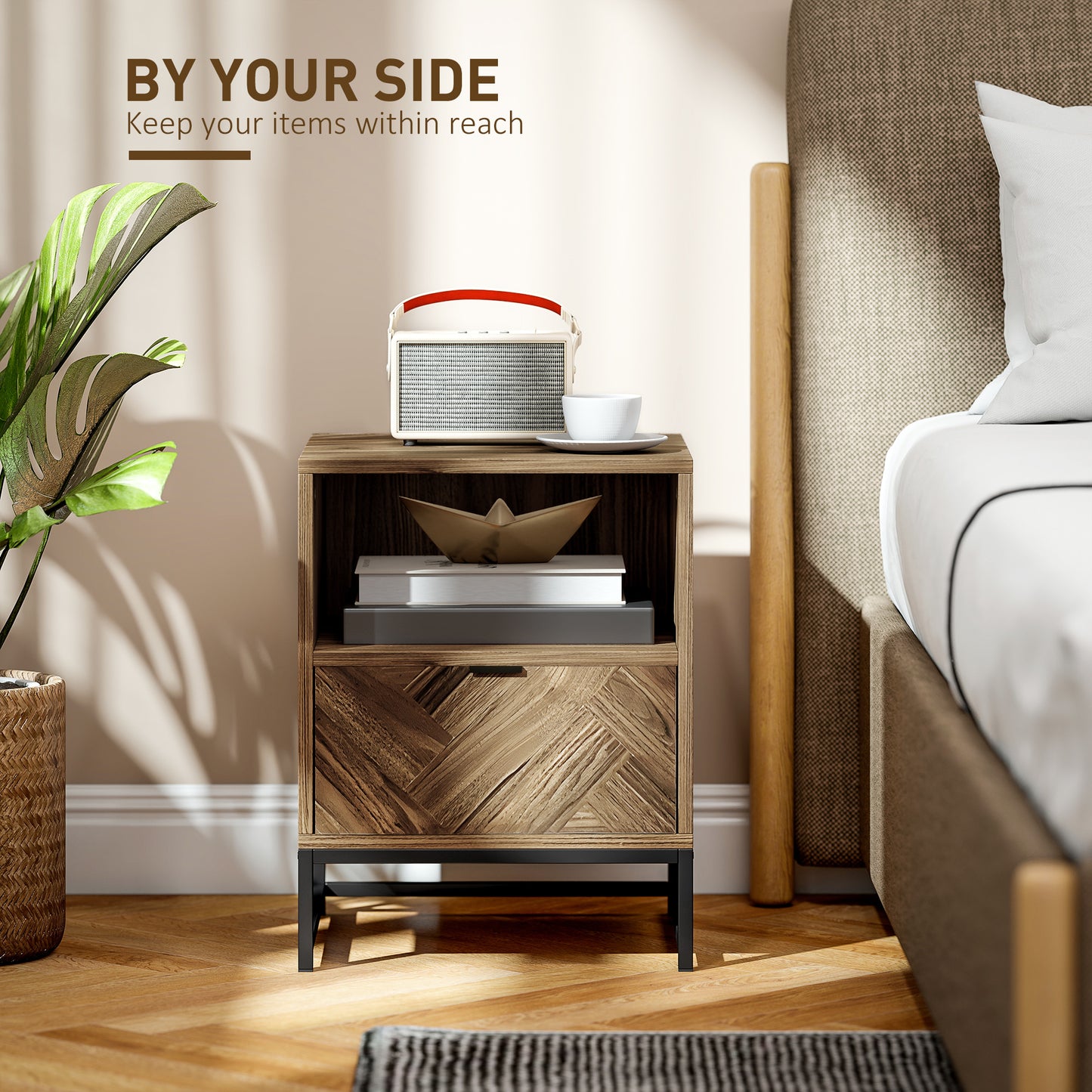 Kazi Brown Wood Effect Bedside Table With Drawer Shelf And Steel Legs