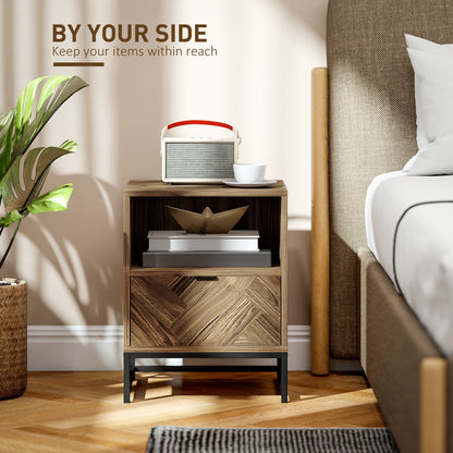 Kazi Brown Wood Effect Bedside Table With Drawer Shelf And Steel Legs