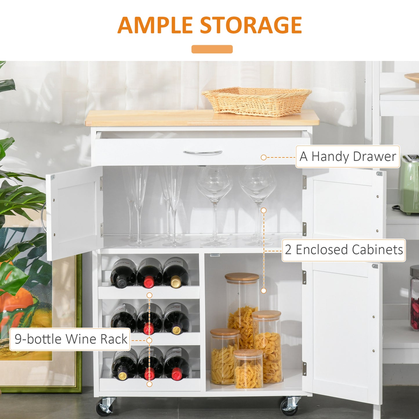 Hala Wooden White Rolling Kitchen Island With Wine Rack 1 Drawer 3 Doors