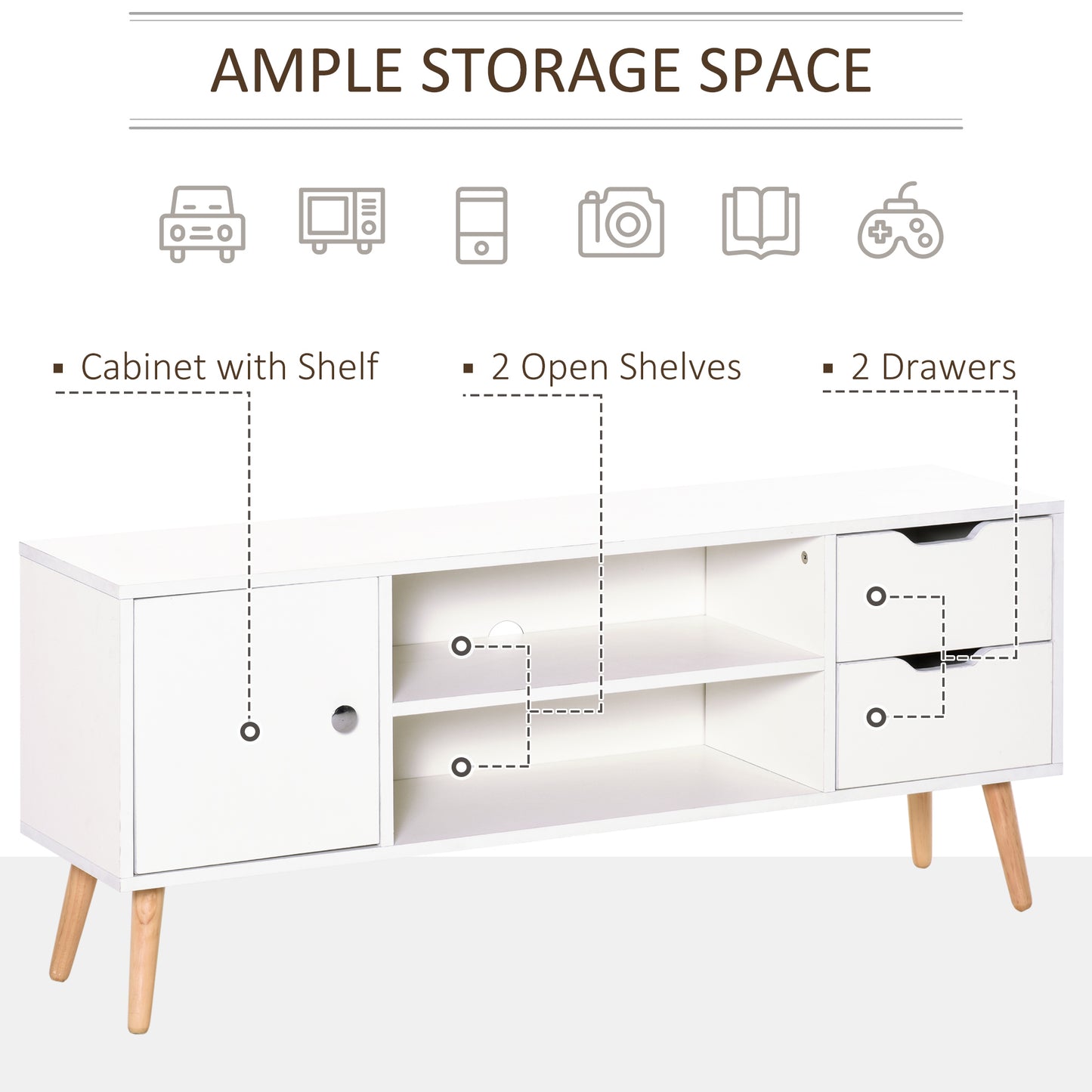 Rani Mano 120cm Wooden White TV Console With Open Shelves 2 Drawers 1 Door