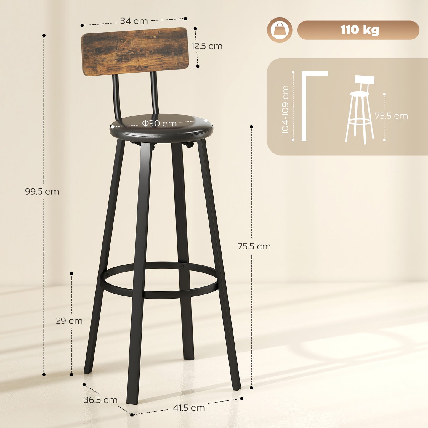 Namto Set Of 2 Brown And Black Industrial Steel Frame Bar Stools