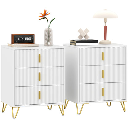Renina Set Of 2 Wooden White and Gold Tone 3 Drawer Elegant Storage Bedside Tables