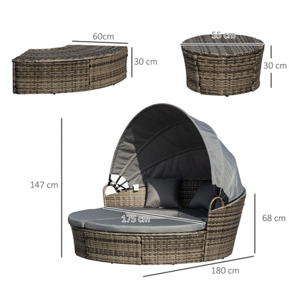 Leluri Faux Rattan Dark Grey Round Daybed Outdoor Canopy Table And Cushions