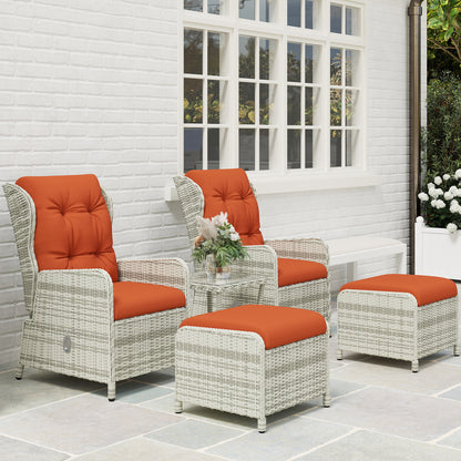 Bapa Rattan Orange 5 Piece Reclining Bistro Furniture Set with Glass Top Table And Footstools